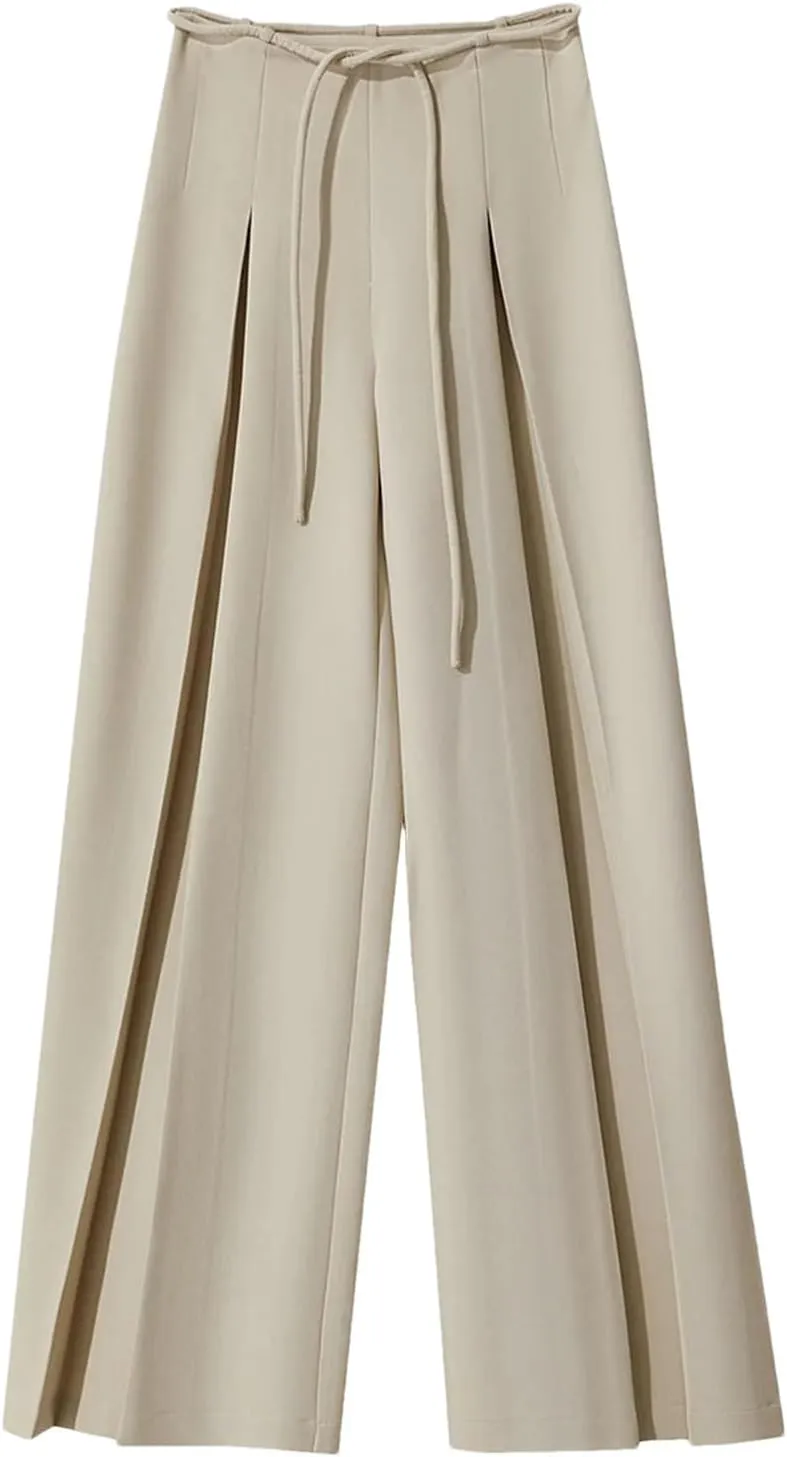 Women's High Waist Wide Leg Pants Zipper Fly Pleated Front Loose Fit Casual Full Length Minimalist Trousers