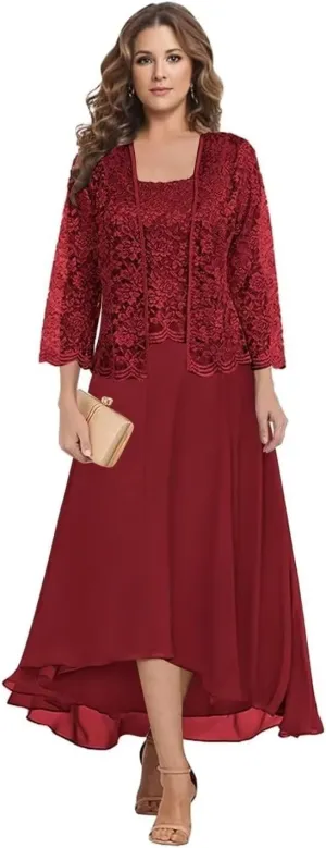 Women's Lace Mother of The Bride Dresses with Jacket 3/4 Sleeve Chiffon Long Formal Dresses Prom Evening Gowns