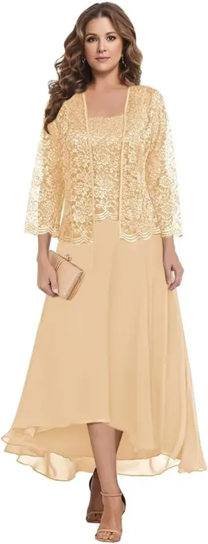 Women's Lace Mother of The Bride Dresses with Jacket 3/4 Sleeve Chiffon Long Formal Dresses Prom Evening Gowns