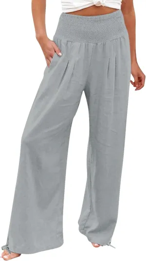 Womens Linen Palazzo Pants Casual Summer Wide Leg High Waist Slacks Plus Size Boho Beach Travel Trousers with Pockets