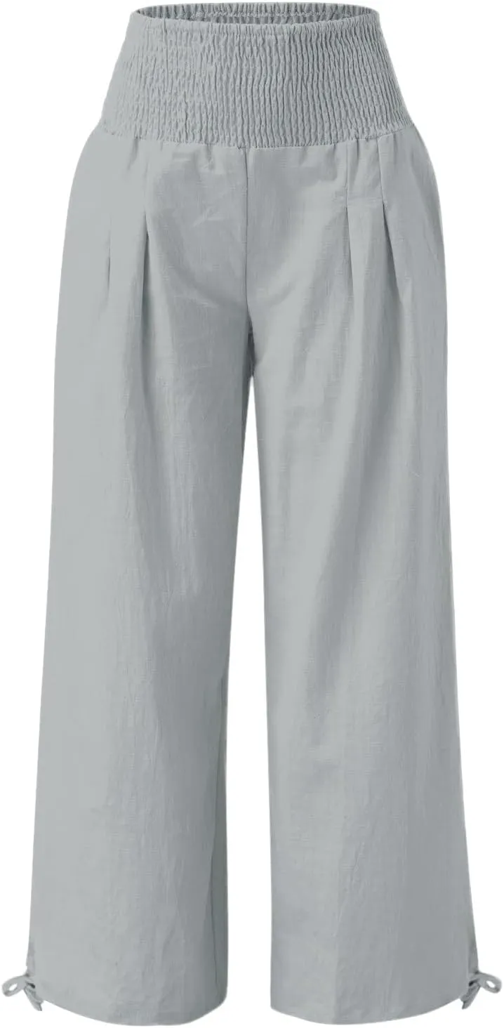 Womens Linen Palazzo Pants Casual Summer Wide Leg High Waist Slacks Plus Size Boho Beach Travel Trousers with Pockets
