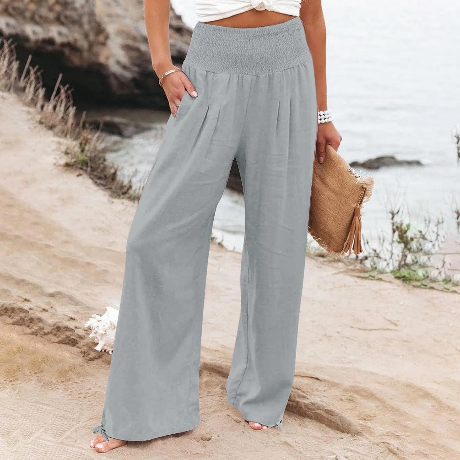Womens Linen Palazzo Pants Casual Summer Wide Leg High Waist Slacks Plus Size Boho Beach Travel Trousers with Pockets
