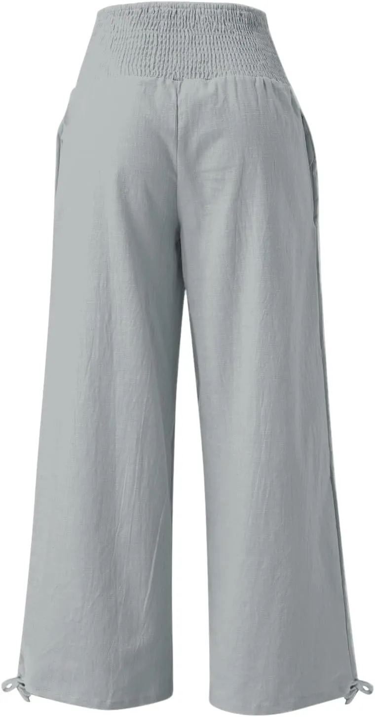 Womens Linen Palazzo Pants Casual Summer Wide Leg High Waist Slacks Plus Size Boho Beach Travel Trousers with Pockets