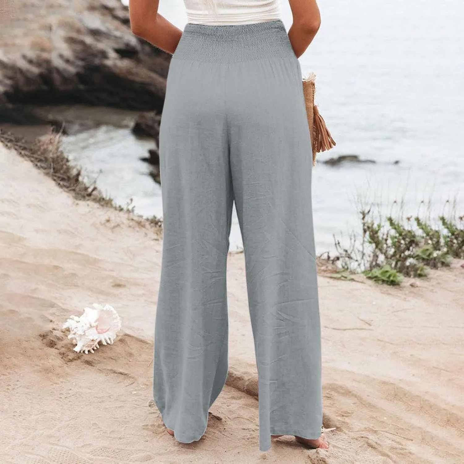 Womens Linen Palazzo Pants Casual Summer Wide Leg High Waist Slacks Plus Size Boho Beach Travel Trousers with Pockets