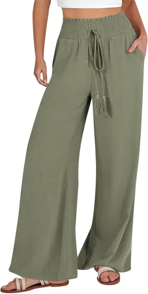 Womens Linen Palazzo Pants Casual Wide Leg Pants Drawstring Pants with Pockets Summer Beach Linen Pants Lounge Trousers, XX-Large, #F1-light Green