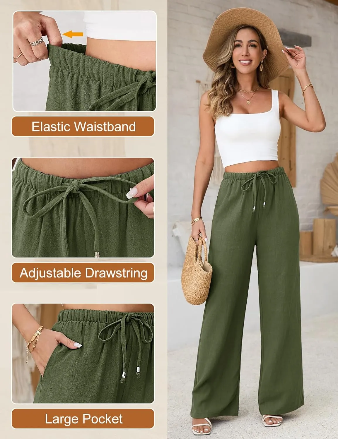 Womens Linen Pants High Waisted Wide Leg Trousers Summer Palazzo Casual Pant Flowy Drawstring Beach Pants
