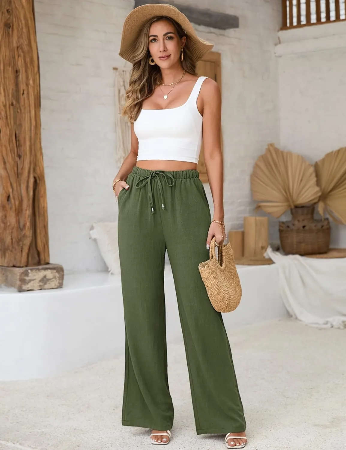 Womens Linen Pants High Waisted Wide Leg Trousers Summer Palazzo Casual Pant Flowy Drawstring Beach Pants
