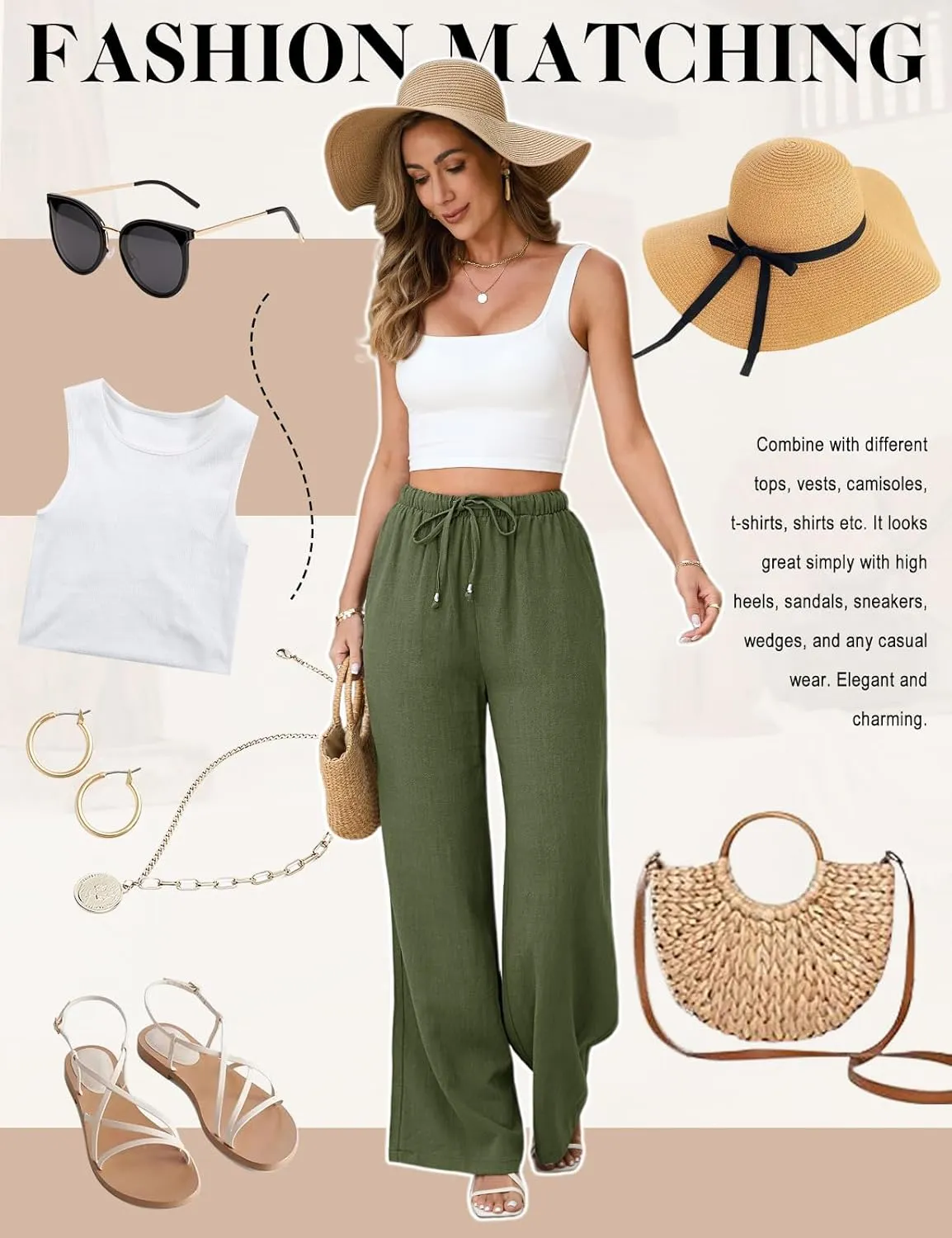Womens Linen Pants High Waisted Wide Leg Trousers Summer Palazzo Casual Pant Flowy Drawstring Beach Pants