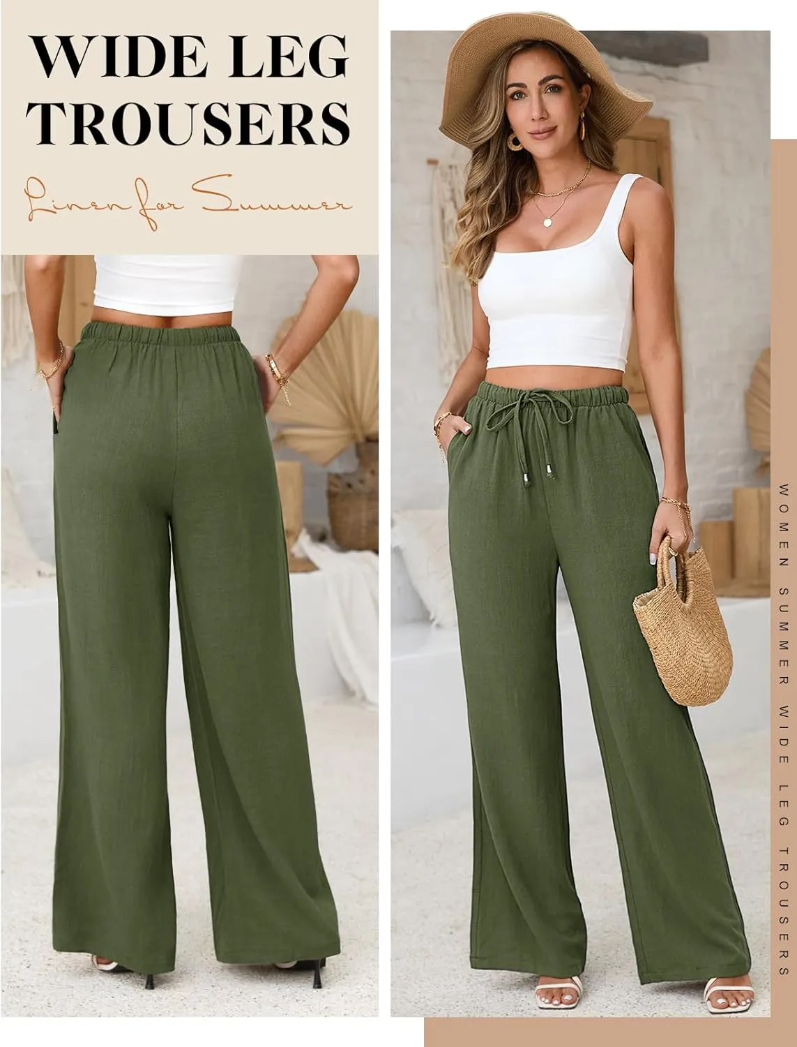 Womens Linen Pants High Waisted Wide Leg Trousers Summer Palazzo Casual Pant Flowy Drawstring Beach Pants