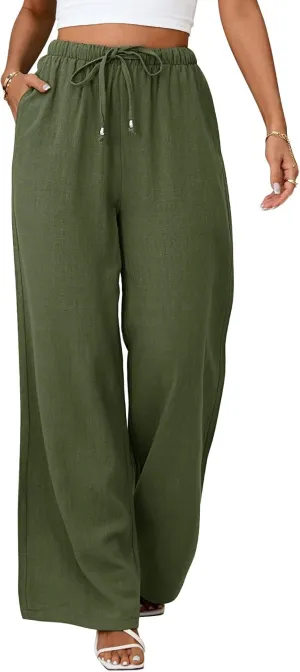 Womens Linen Pants High Waisted Wide Leg Trousers Summer Palazzo Casual Pant Flowy Drawstring Beach Pants