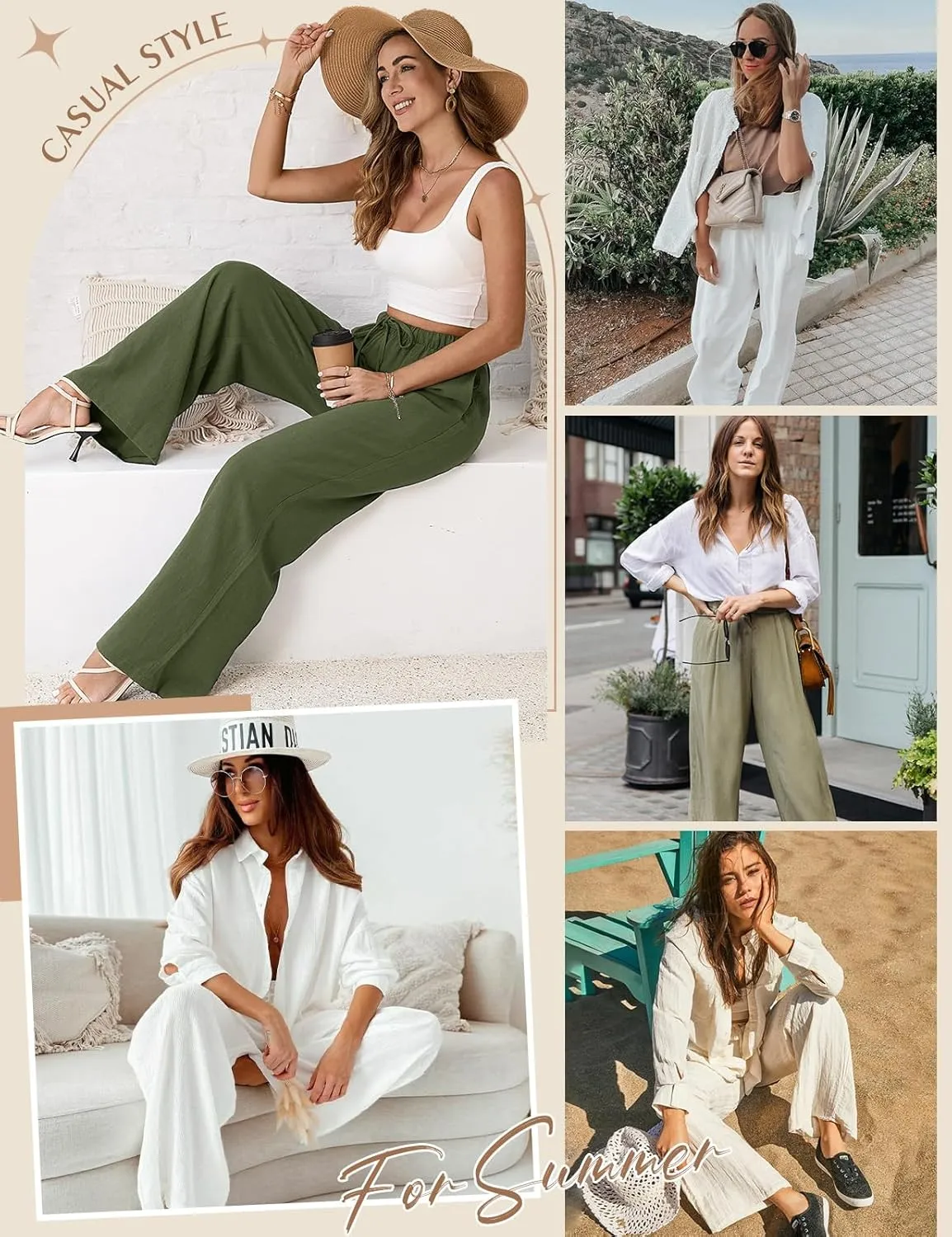 Womens Linen Pants High Waisted Wide Leg Trousers Summer Palazzo Casual Pant Flowy Drawstring Beach Pants