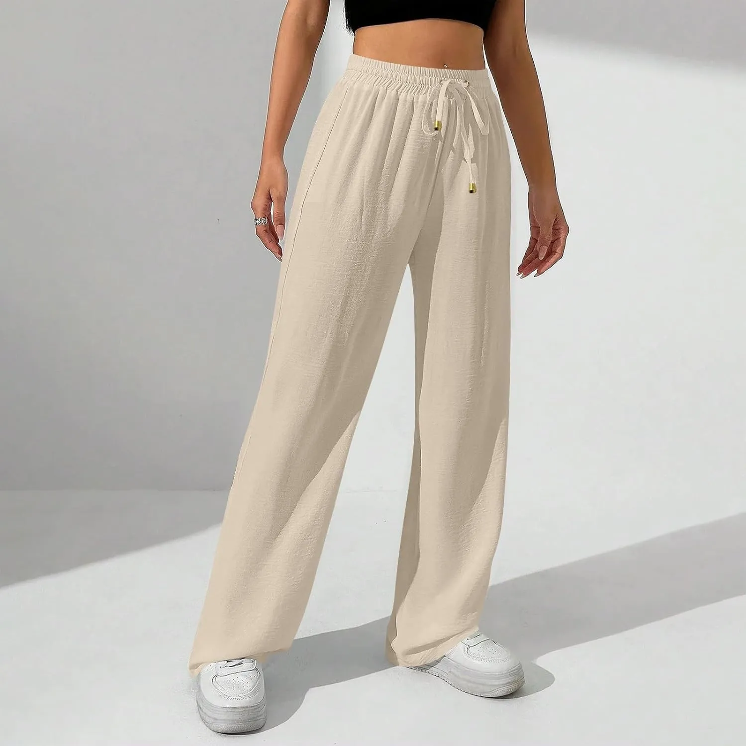 Women's Linen Summer Palazzo Pants Flowy Wide Leg Beach Pants with Pockets