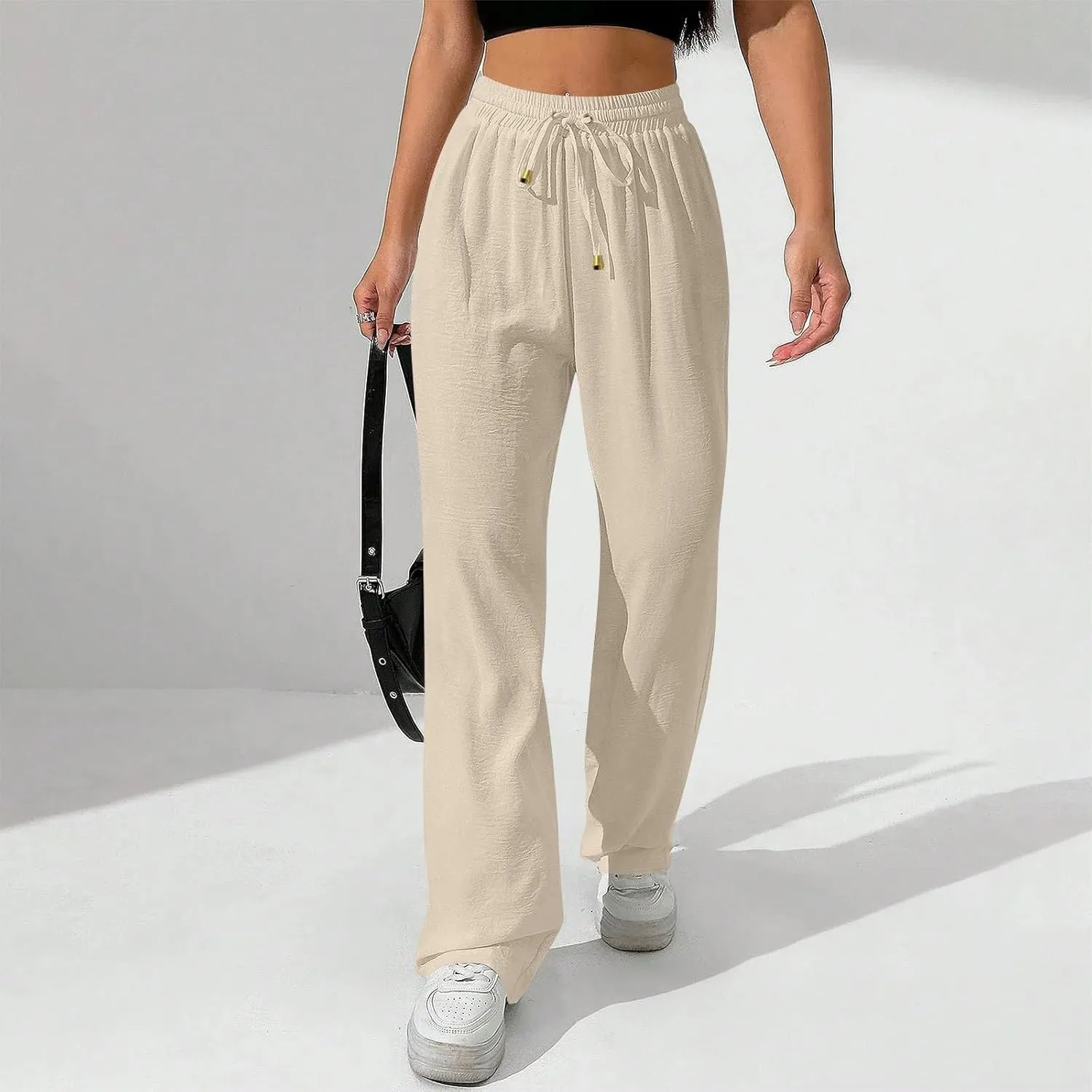 Women's Linen Summer Palazzo Pants Flowy Wide Leg Beach Pants with Pockets