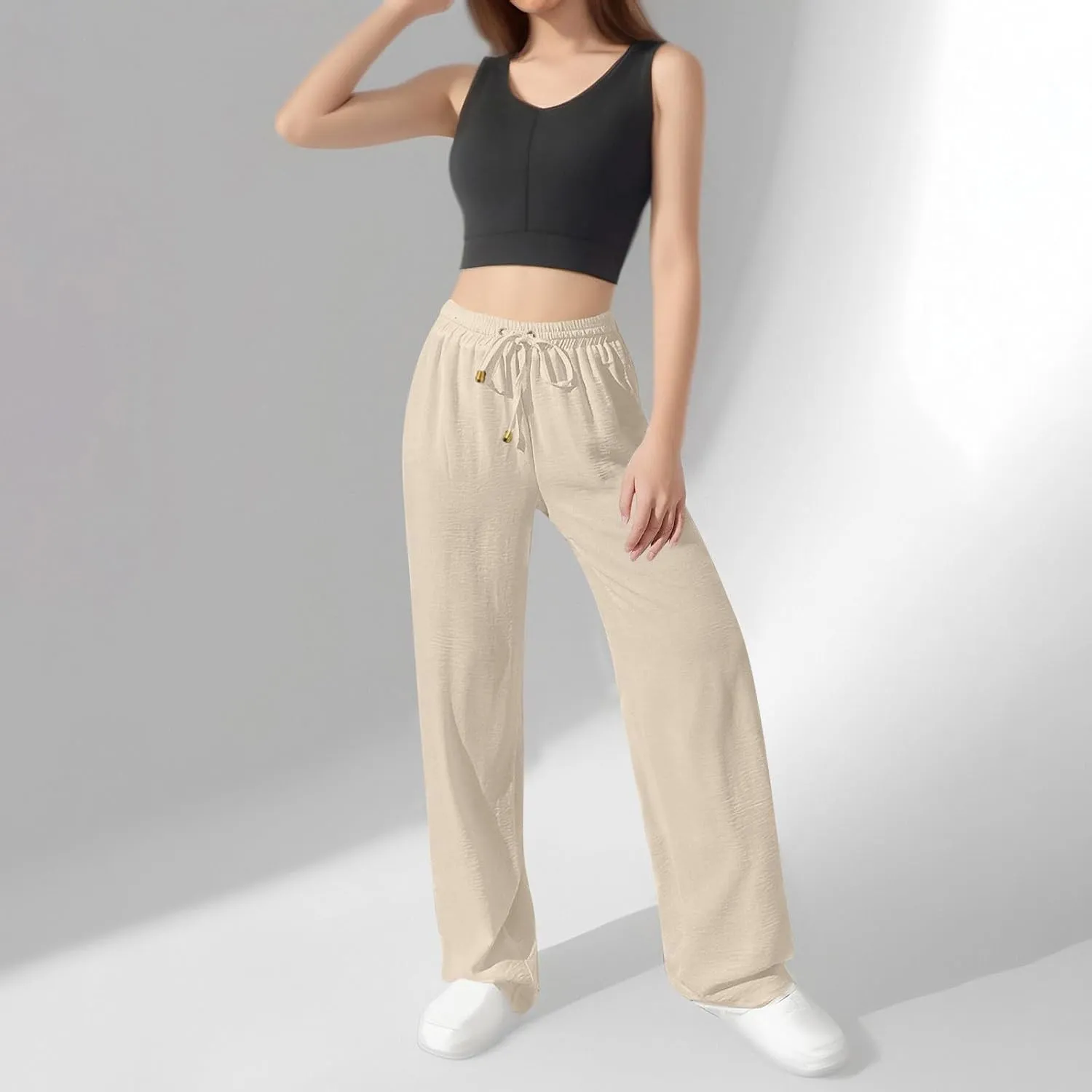 Women's Linen Summer Palazzo Pants Flowy Wide Leg Beach Pants with Pockets