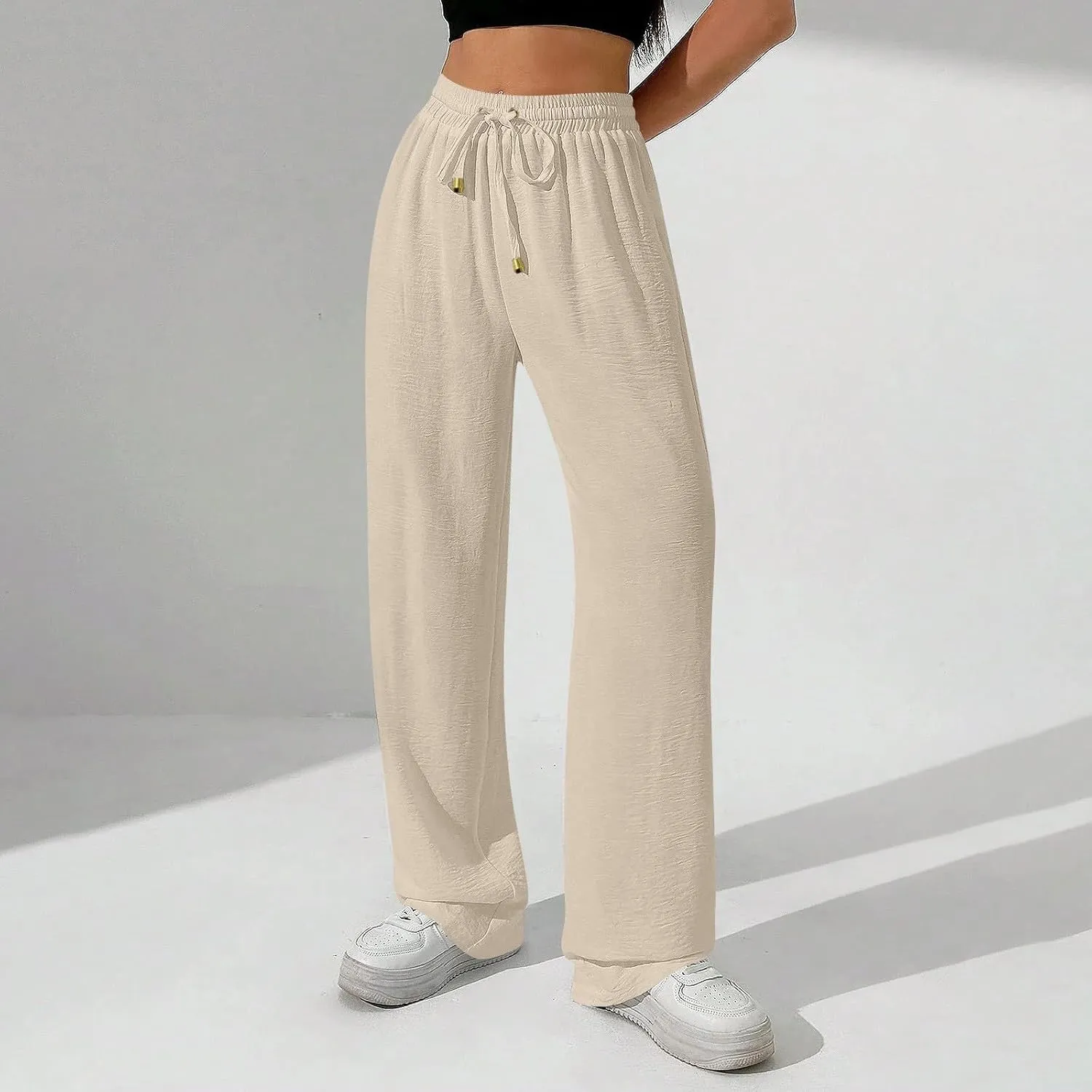Women's Linen Summer Palazzo Pants Flowy Wide Leg Beach Pants with Pockets