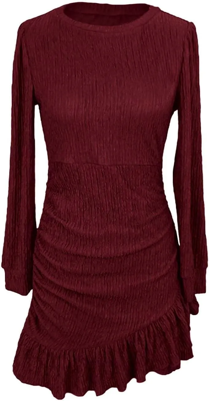 Women's Long Puff Sleeve Ruched Bodycon Mini Short Dress Fall Ruffle Fitted Cocktail Spring Dresses