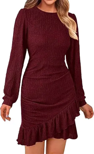 Women's Long Puff Sleeve Ruched Bodycon Mini Short Dress Fall Ruffle Fitted Cocktail Spring Dresses