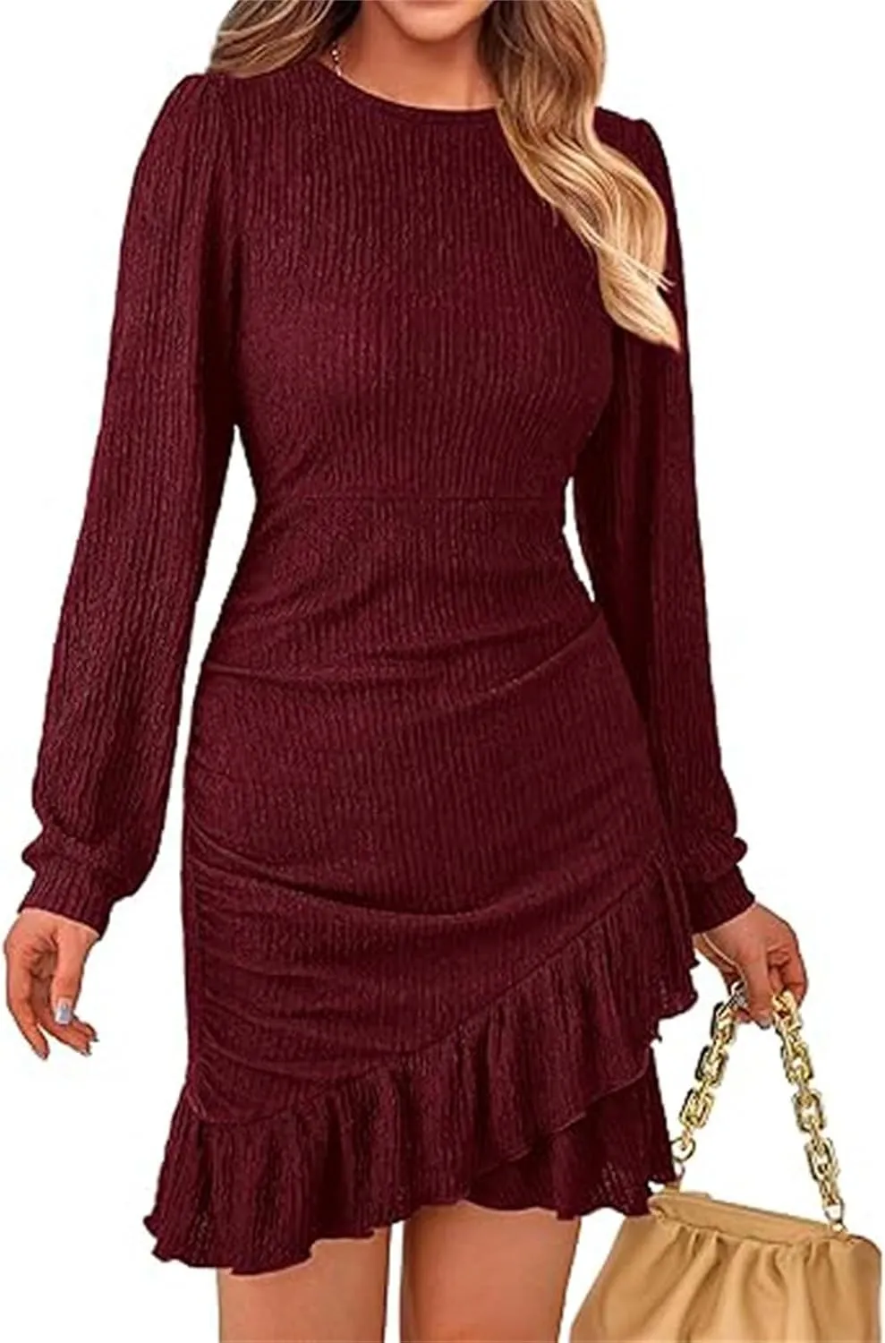 Women's Long Puff Sleeve Ruched Bodycon Mini Short Dress Fall Ruffle Fitted Cocktail Spring Dresses