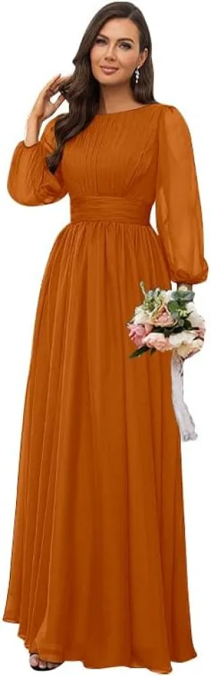 Women's Long Sleeve Bridesmaid Dresses for Wedding Chiffon Pleated Empire Waist Long Formal Evening Gown