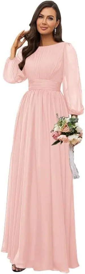 Women's Long Sleeve Bridesmaid Dresses for Wedding Chiffon Pleated Empire Waist Long Formal Evening Gown
