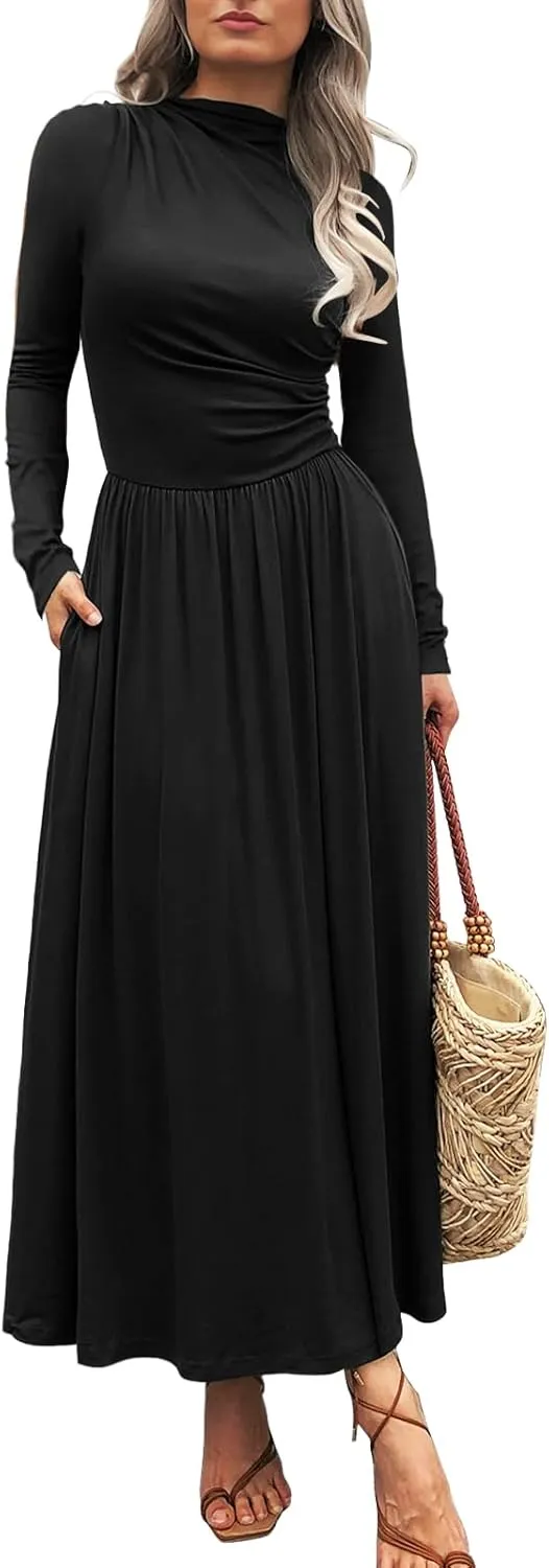 Women's Long Sleeve Maxi Dress 2024 Fall Crewneck Knit Plain Empire Waist Casual Slim Pleated Dresses with Pockets