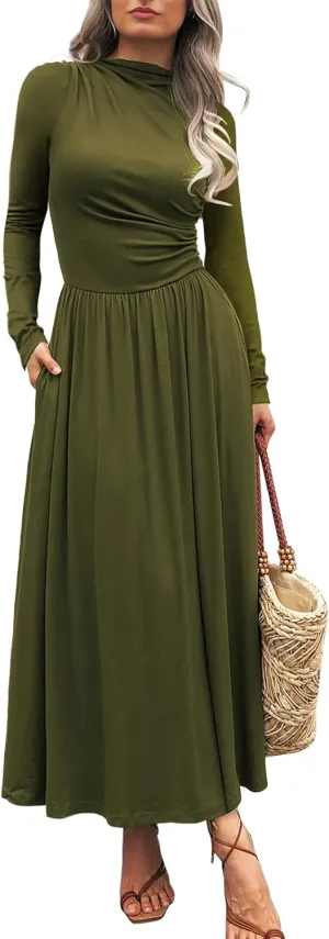 Women's Long Sleeve Maxi Dress 2024 Fall Crewneck Knit Plain Empire Waist Casual Slim Pleated Dresses with Pockets
