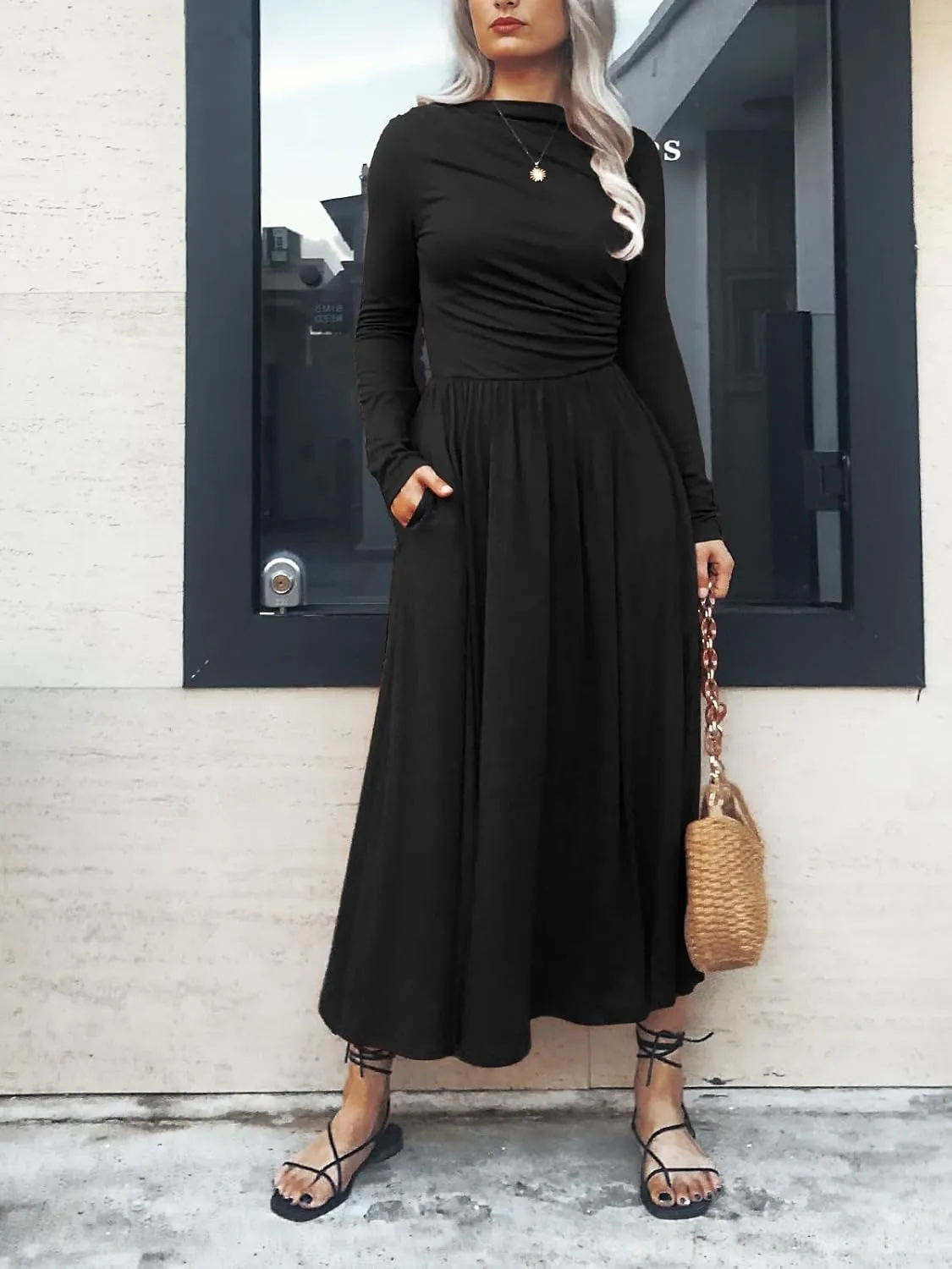 Women's Long Sleeve Maxi Dress 2024 Fall Crewneck Knit Plain Empire Waist Casual Slim Pleated Dresses with Pockets