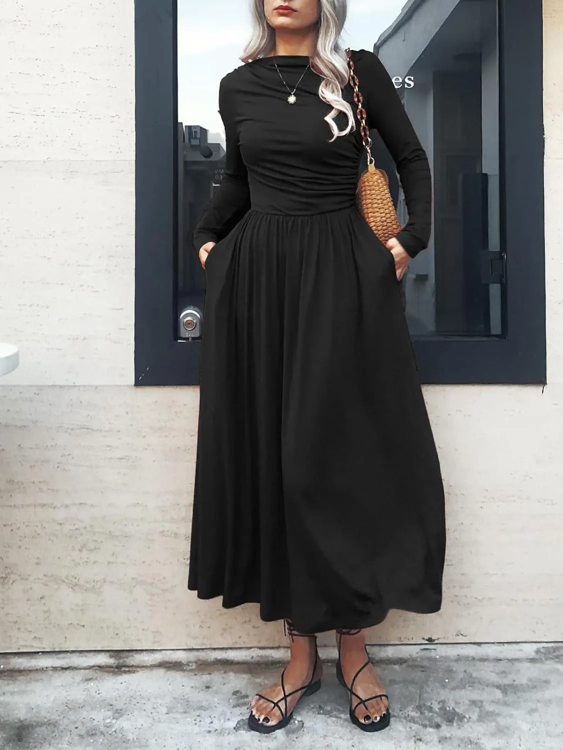 Women's Long Sleeve Maxi Dress 2024 Fall Crewneck Knit Plain Empire Waist Casual Slim Pleated Dresses with Pockets