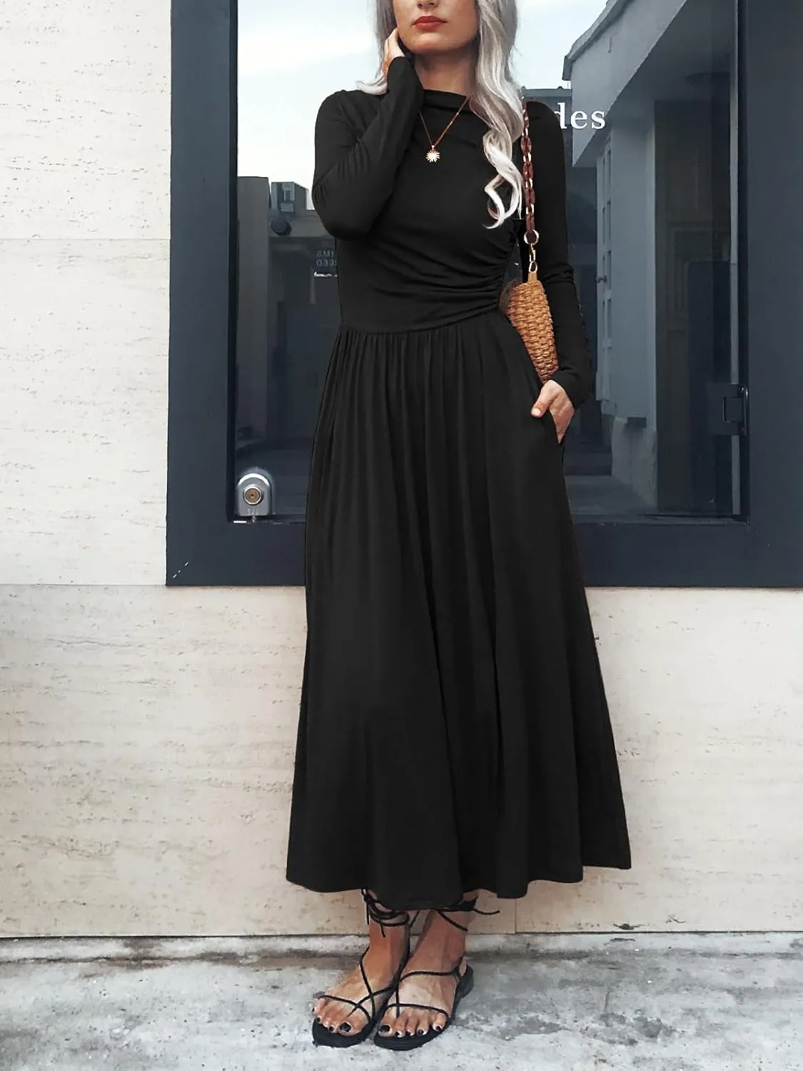 Women's Long Sleeve Maxi Dress 2024 Fall Crewneck Knit Plain Empire Waist Casual Slim Pleated Dresses with Pockets