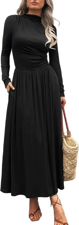 Women's Long Sleeve Maxi Dress 2024 Fall Crewneck Knit Plain Empire Waist Casual Slim Pleated Dresses with Pockets