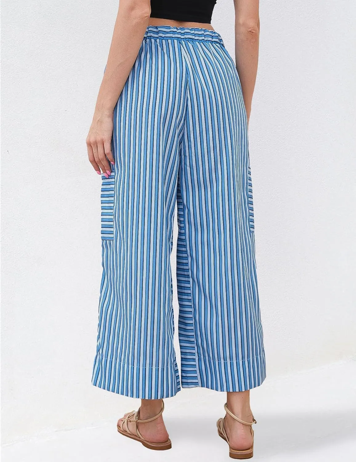 Women's Low Rise Striped Wide Leg Pants Loose Fit Drawstring Waist Striped Lounge Palazzo Pants with Pockets