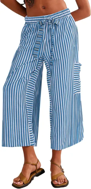 Women's Low Rise Striped Wide Leg Pants Loose Fit Drawstring Waist Striped Lounge Palazzo Pants with Pockets