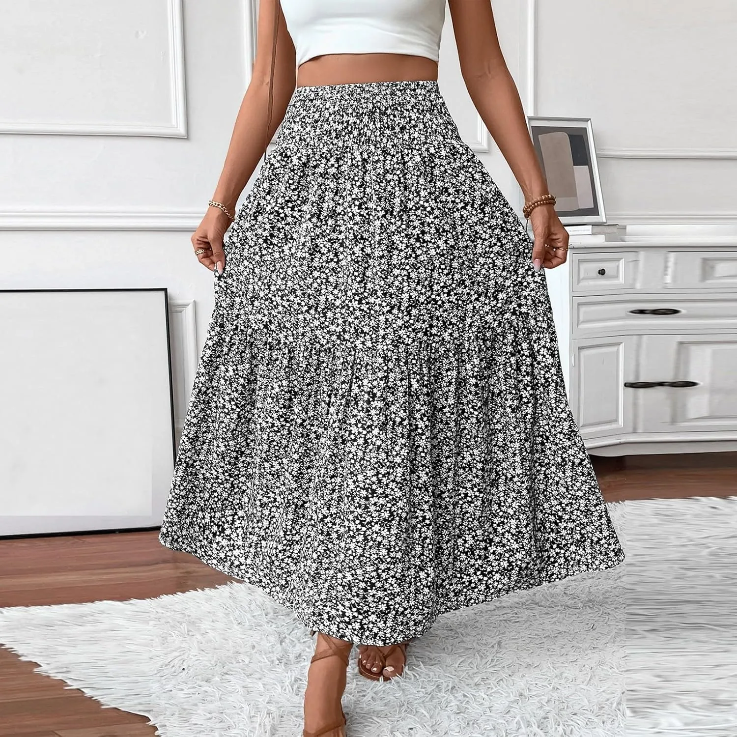 Womens Maxi Skirt Floral Boho Elastic High Waist Drawstring Pleated Beach Skirt A-Line Flowy Tiered Long Skirts