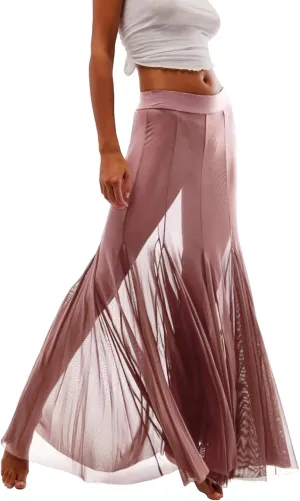 Womens Maxi Skirts Mesh Pleated 2025 Summer Trendy Sexy Club Sheer Boho Beach Cover Up Flowy Long Tulle Skirt