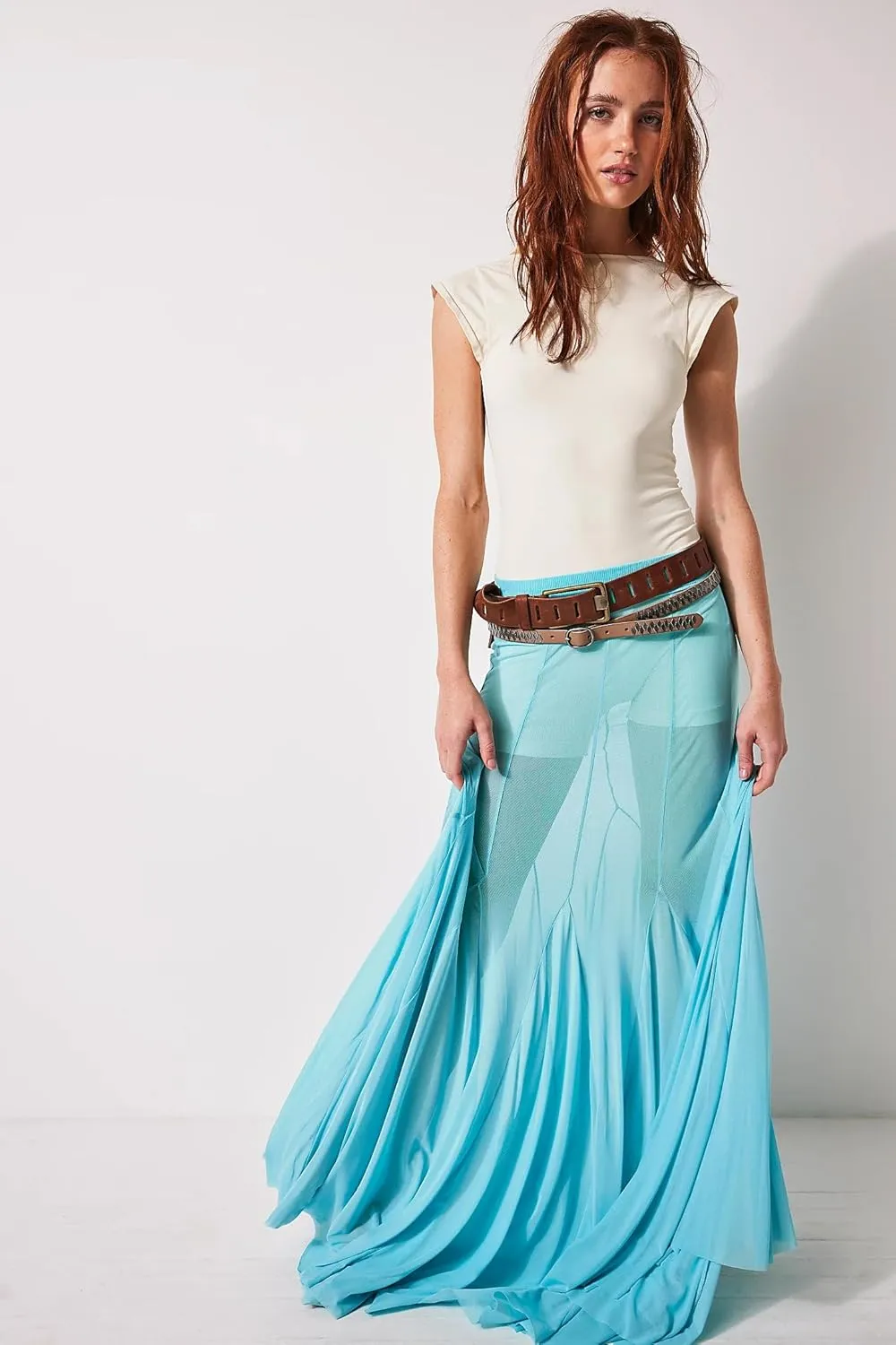 Womens Maxi Skirts Mesh Pleated 2025 Summer Trendy Sexy Club Sheer Boho Beach Cover Up Flowy Long Tulle Skirt