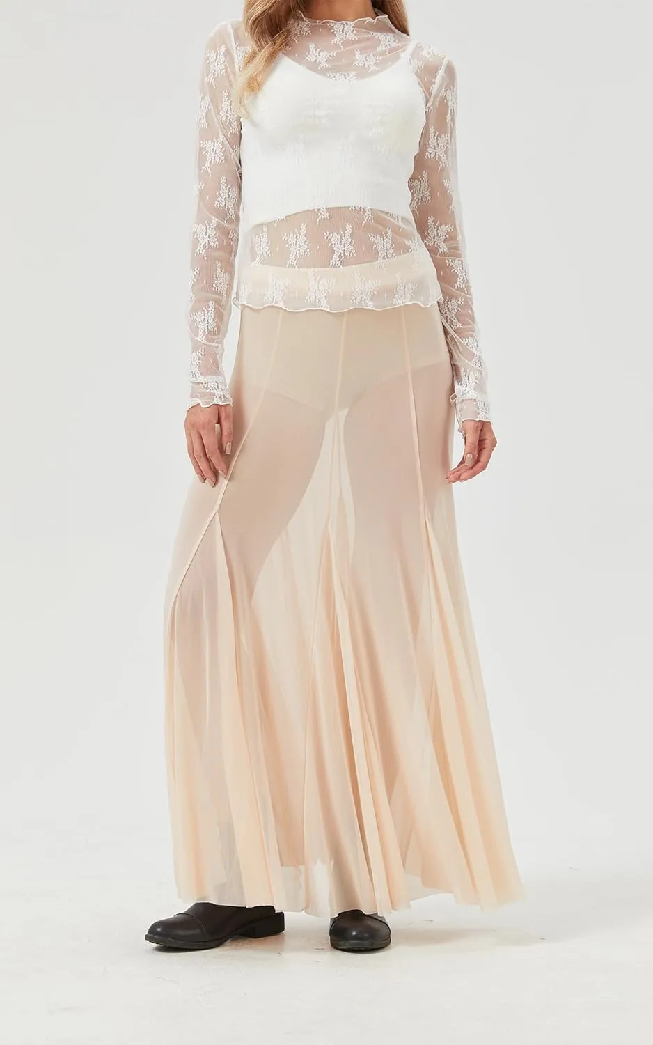 Womens Maxi Skirts Mesh Pleated 2025 Summer Trendy Sexy Club Sheer Boho Beach Cover Up Flowy Long Tulle Skirt