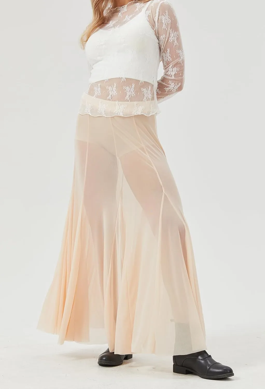 Womens Maxi Skirts Mesh Pleated 2025 Summer Trendy Sexy Club Sheer Boho Beach Cover Up Flowy Long Tulle Skirt