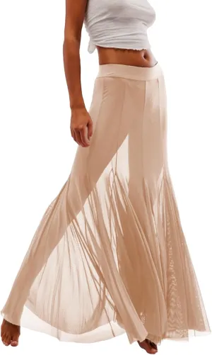Womens Maxi Skirts Mesh Pleated 2025 Summer Trendy Sexy Club Sheer Boho Beach Cover Up Flowy Long Tulle Skirt