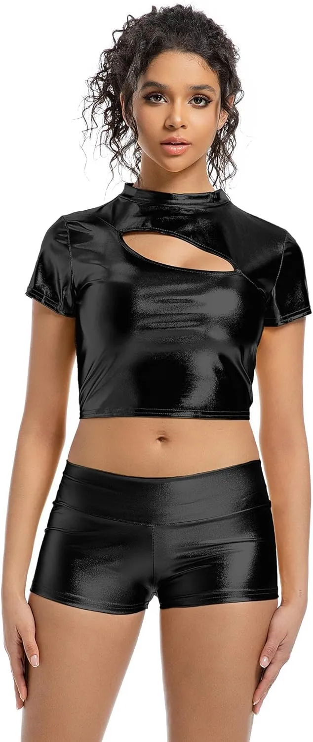 Women's Metallic Booty Shorts High Waisted Shiny Bottoms Rave Hot Pants for Dance, Party, Festival
