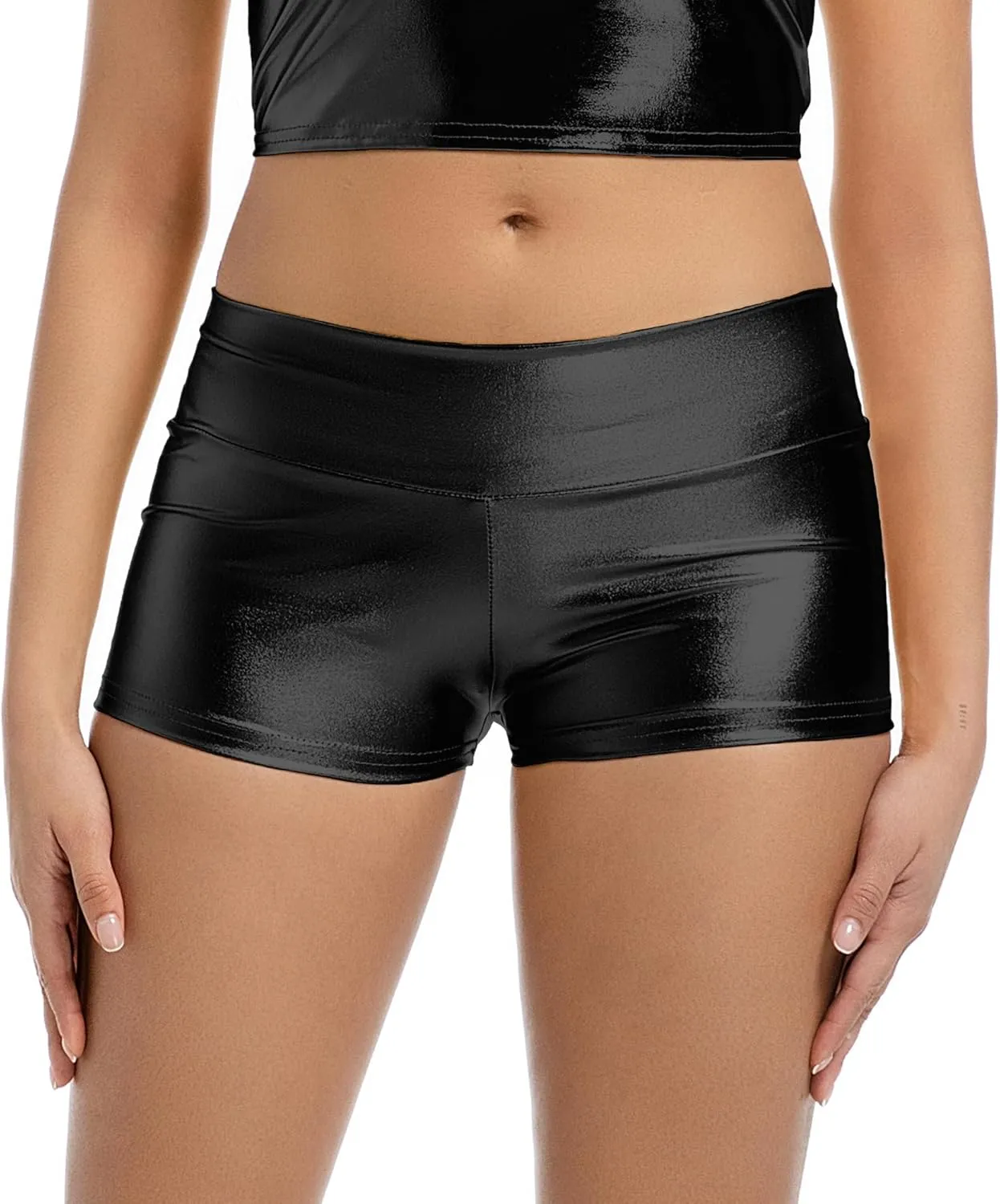 Women's Metallic Booty Shorts High Waisted Shiny Bottoms Rave Hot Pants for Dance, Party, Festival