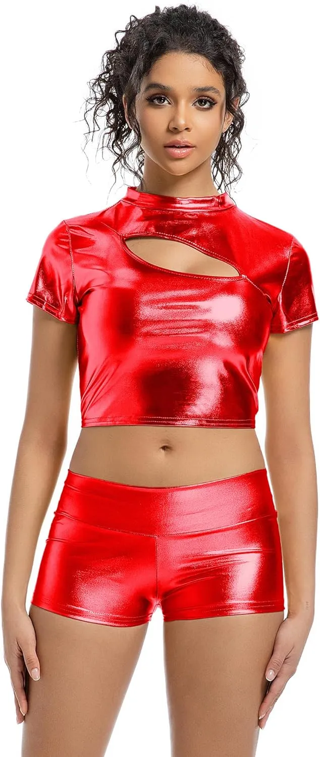 Women's Metallic Booty Shorts High Waisted Shiny Bottoms Rave Hot Pants for Dance, Party, Festival