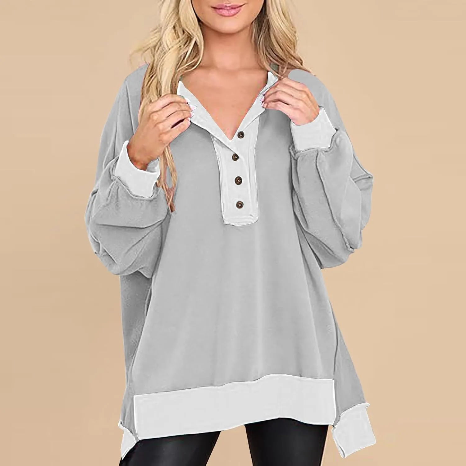 Womens Oversized Sweatshirts 2024 Fashion Fall Hoodies Long Sleeve V Neck Button Down Pullover Loose Fit Tops