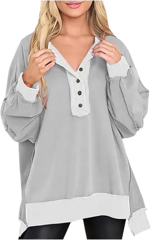 Womens Oversized Sweatshirts 2024 Fashion Fall Hoodies Long Sleeve V Neck Button Down Pullover Loose Fit Tops