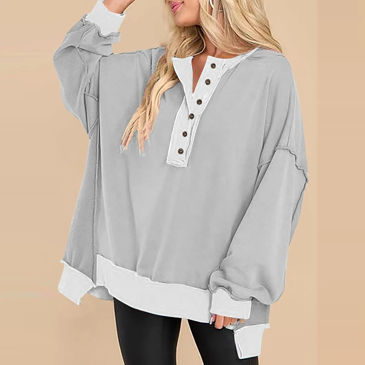 Womens Oversized Sweatshirts 2024 Fashion Fall Hoodies Long Sleeve V Neck Button Down Pullover Loose Fit Tops