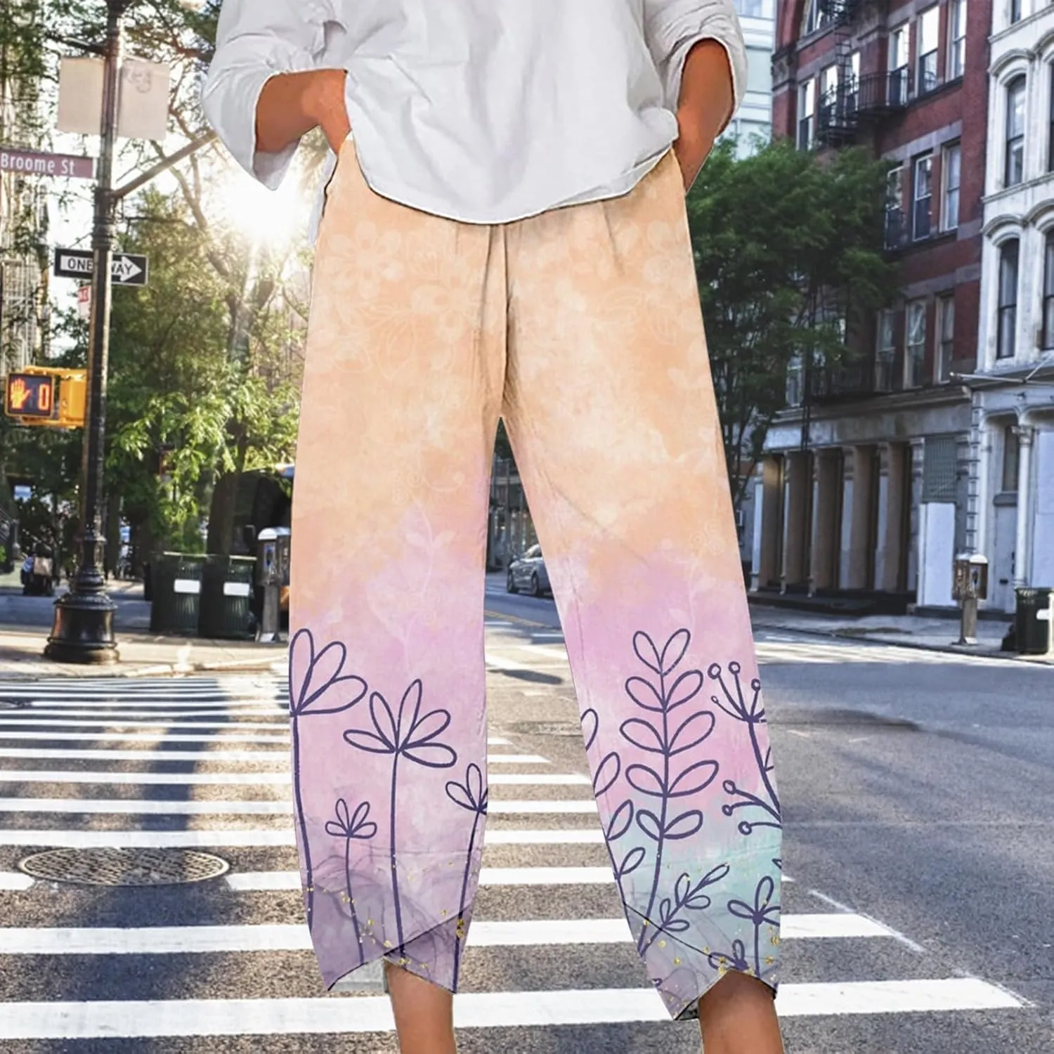 Womens Printed Cotton Linen Straight Pants Boho Floral Elastic Waist Trousers Retro Cute Pant for Summer Beach Travel