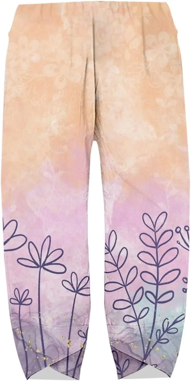 Womens Printed Cotton Linen Straight Pants Boho Floral Elastic Waist Trousers Retro Cute Pant for Summer Beach Travel