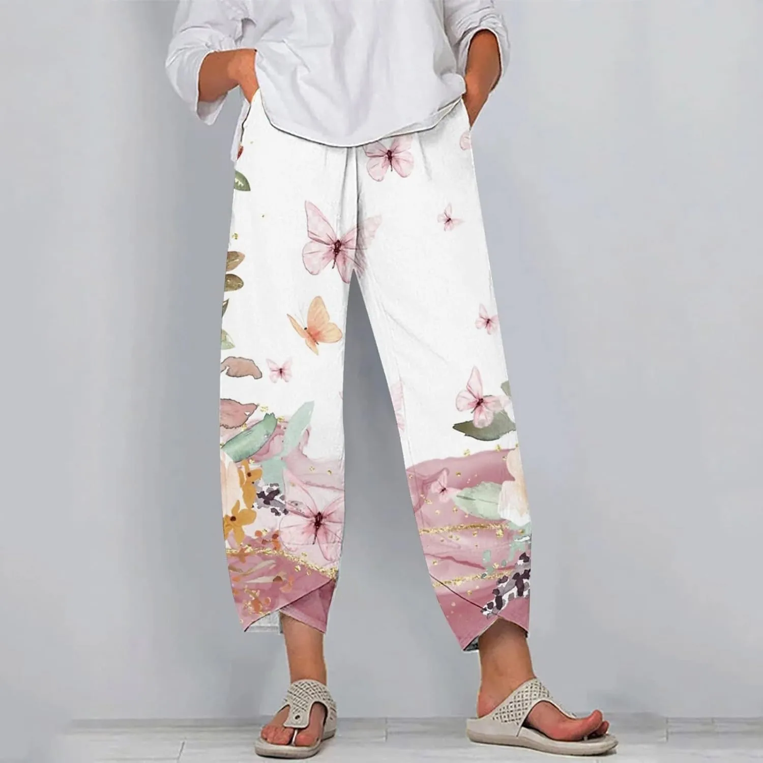 Womens Printed Cotton Linen Straight Pants Boho Floral Elastic Waist Trousers Retro Cute Pant for Summer Beach Travel