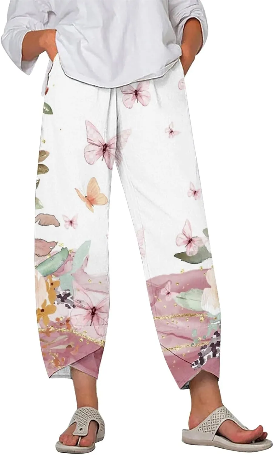 Womens Printed Cotton Linen Straight Pants Boho Floral Elastic Waist Trousers Retro Cute Pant for Summer Beach Travel