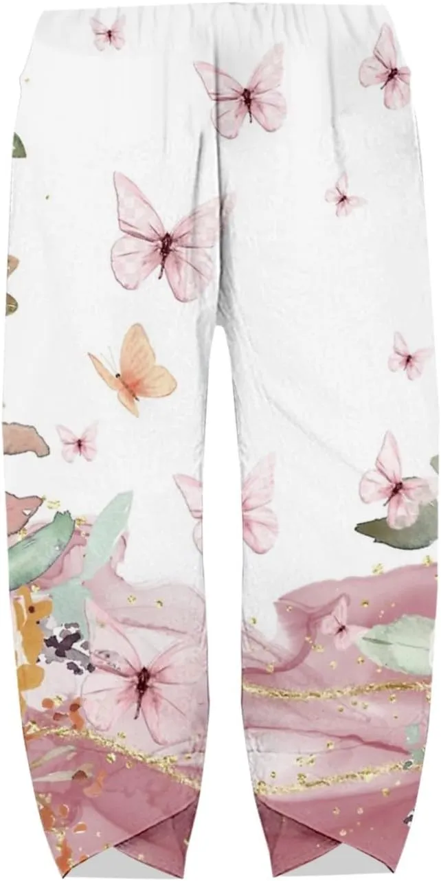 Womens Printed Cotton Linen Straight Pants Boho Floral Elastic Waist Trousers Retro Cute Pant for Summer Beach Travel