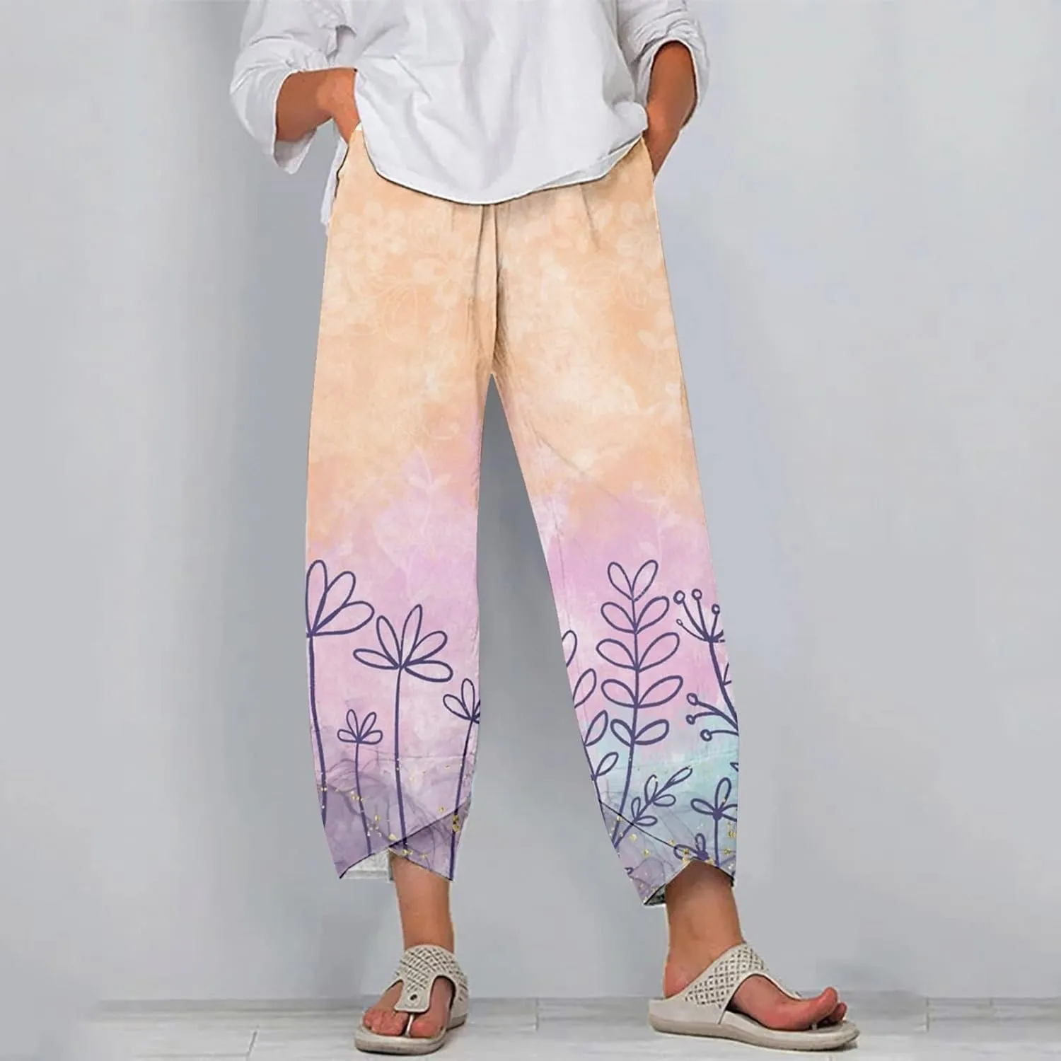 Womens Printed Cotton Linen Straight Pants Boho Floral Elastic Waist Trousers Retro Cute Pant for Summer Beach Travel